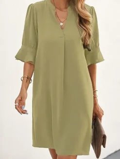 Hot Women's Work Dress A Line Dress Tunic Dress Fashion Office Workfashion Mini Dress Ruffle V Neck Half Sleeve Plain Loose Fit Blue Rose Beige Summer Spring S M L XL 2XL Women Work Dresses