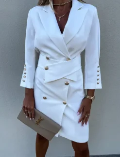 Outlet Women's Work Dress Blazer Dress Sheath Dress Fashion Office Daily Mini Dress Double Breasted Shirt Collar Long Sleeve Plain Loose Fit Black White Green Fall Winter S M L XL Women Work Dresses