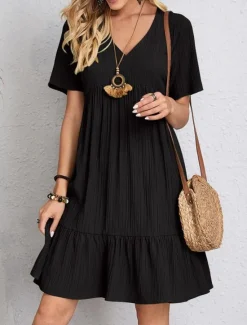 Hot Women's Work Dress Casual Dress A Line Dress Elegant Office Daily Long Dress Maxi Dress Patchwork V Neck Short Sleeve Plain Regular Fit Black Pink Red Summer Spring S M L XL 2XL Women Work Dresses