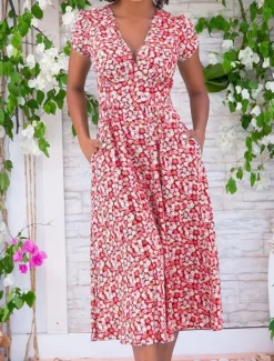 Discount Women's Work Dress Casual Dress A Line Dress Elegant Office Daily Workfashion Midi Dress Pocket V Neck Short Sleeve Floral Regular Fit Yellow Red Blue Summer Spring S M L XL 2XL Women Casual Dress