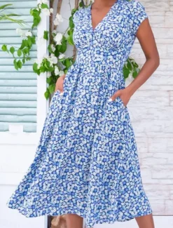 Discount Women's Work Dress Casual Dress A Line Dress Elegant Office Daily Workfashion Midi Dress Pocket V Neck Short Sleeve Floral Regular Fit Yellow Red Blue Summer Spring S M L XL 2XL Women Casual Dress