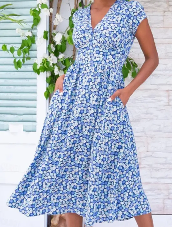 Discount Women's Work Dress Casual Dress A Line Dress Elegant Office Daily Workfashion Midi Dress Pocket V Neck Short Sleeve Floral Regular Fit Yellow Red Blue Summer Spring S M L XL 2XL Women Casual Dress