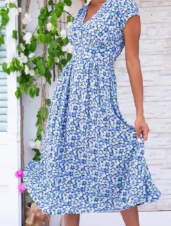 Discount Women's Work Dress Casual Dress A Line Dress Elegant Office Daily Workfashion Midi Dress Pocket V Neck Short Sleeve Floral Regular Fit Yellow Red Blue Summer Spring S M L XL 2XL Women Casual Dress
