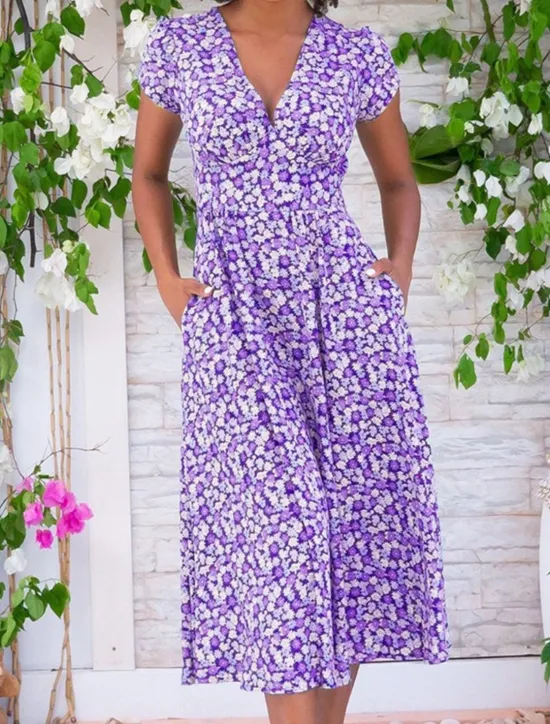 Discount Women's Work Dress Casual Dress A Line Dress Elegant Office Daily Workfashion Midi Dress Pocket V Neck Short Sleeve Floral Regular Fit Yellow Red Blue Summer Spring S M L XL 2XL Women Casual Dress