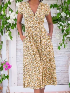 Discount Women's Work Dress Casual Dress A Line Dress Elegant Office Daily Workfashion Midi Dress Pocket V Neck Short Sleeve Floral Regular Fit Yellow Red Blue Summer Spring S M L XL 2XL Women Casual Dress