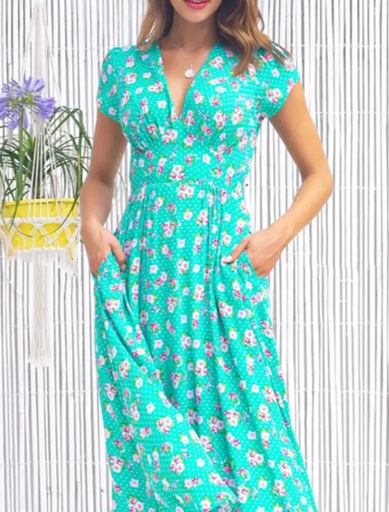 Discount Women's Work Dress Casual Dress A Line Dress Elegant Office Daily Workfashion Midi Dress Pocket V Neck Short Sleeve Floral Regular Fit Yellow Red Blue Summer Spring S M L XL 2XL Women Casual Dress