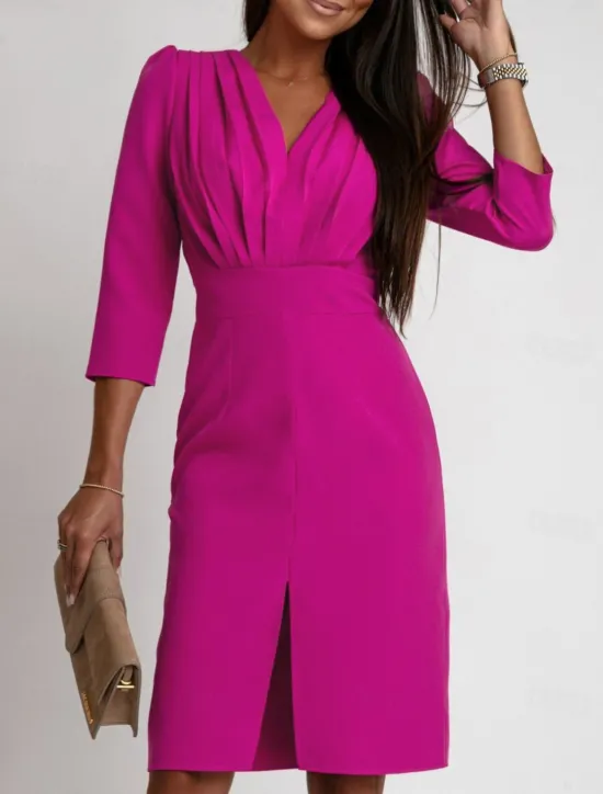 Online Women's Work Dress Sheath Dress Elegant Office Daily Midi Dress Ruched Split V Neck Long Sleeve Plain Regular Fit Black White Khaki Fall S M L XL 2XL Women Work Dresses