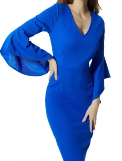 Sale Women's Work Dress Shift Dress Elegant Office Daily Midi Dress Ruffle Patchwork V Neck 3/4 Length Sleeve Plain Slim Black Red Blue Spring Fall S M L XL 2XL Women Cocktail Dress