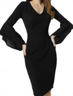 Sale Women's Work Dress Shift Dress Elegant Office Daily Midi Dress Ruffle Patchwork V Neck 3/4 Length Sleeve Plain Slim Black Red Blue Spring Fall S M L XL 2XL Women Cocktail Dress