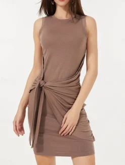 New Women's Work Dress Shift Dress Elegant Office Daily Mini Dress Tie Knot Crew Neck Sleeveless Plain Slim Summer S M L XL Women Sundresses
