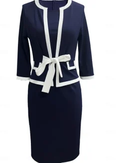 Online Women's Work Dress Shift Dress Elegant Office Daily Midi Dress Patchwork Crew Neck 3/4 Length Sleeve Plain Regular Fit Spring Fall S M L XL Women Work Dresses