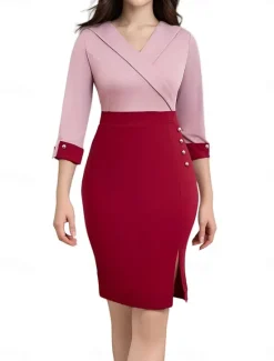 Online Women's Work Dress Shift Dress Elegant Office Daily Midi Dress Patchwork V Neck 3/4 Length Sleeve Plain Regular Fit Spring Fall S M L XL 2XL Women Work Dresses