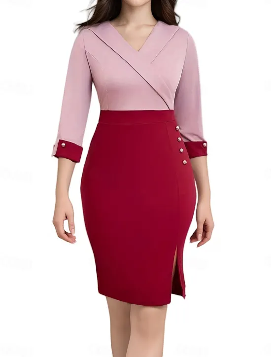 Online Women's Work Dress Shift Dress Elegant Office Daily Midi Dress Patchwork V Neck 3/4 Length Sleeve Plain Regular Fit Spring Fall S M L XL 2XL Women Work Dresses