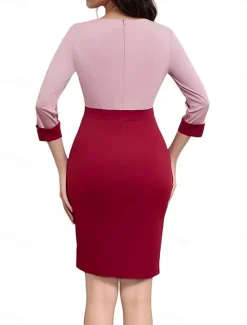 Online Women's Work Dress Shift Dress Elegant Office Daily Midi Dress Patchwork V Neck 3/4 Length Sleeve Plain Regular Fit Spring Fall S M L XL 2XL Women Work Dresses