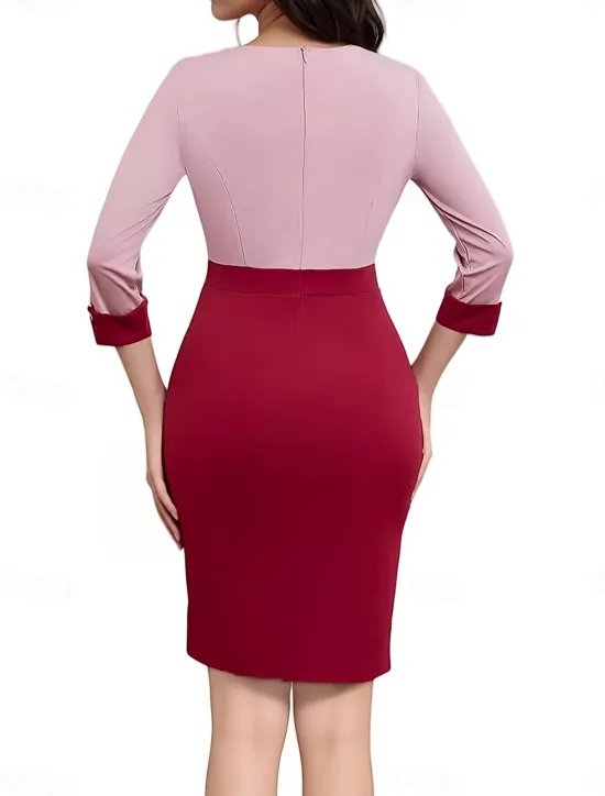 Online Women's Work Dress Shift Dress Elegant Office Daily Midi Dress Patchwork V Neck 3/4 Length Sleeve Plain Regular Fit Spring Fall S M L XL 2XL Women Work Dresses