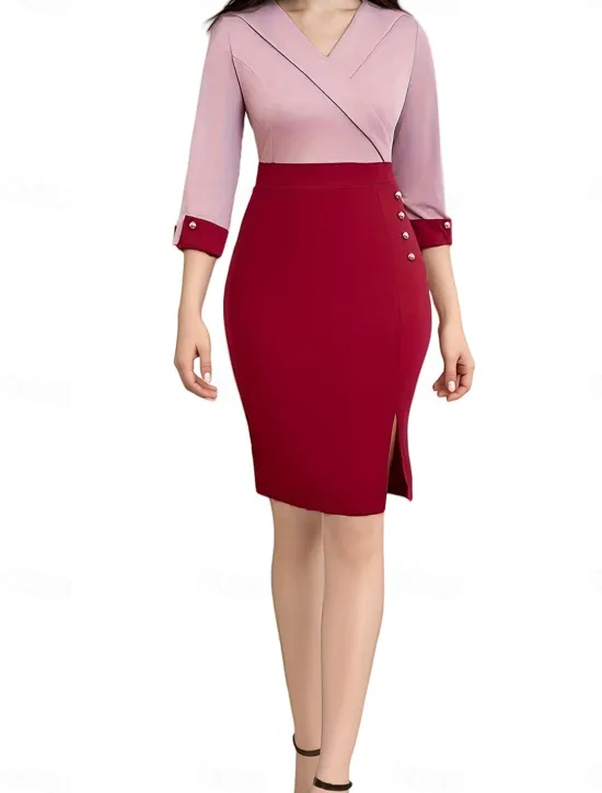 Online Women's Work Dress Shift Dress Elegant Office Daily Midi Dress Patchwork V Neck 3/4 Length Sleeve Plain Regular Fit Spring Fall S M L XL 2XL Women Work Dresses