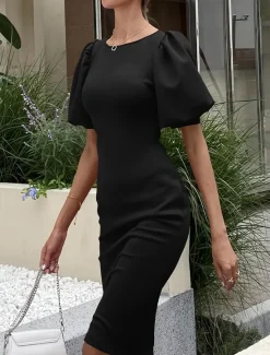 Online Women's Work Dress Shift Dress Elegant Office Daily Midi Dress Split Crew Neck Short Sleeve Plain Regular Fit Winter S M L XL 2XL Women Work Dresses