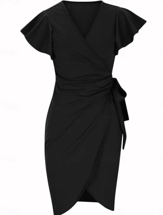 Hot Women's Work Dress Wrap Dress Elegant Office Daily Mini Dress Ruffle Patchwork V Neck Short Sleeve Plain Regular Fit Black Wine Dark Blue Summer Fall S M L XL 2XL Women Cocktail Dress