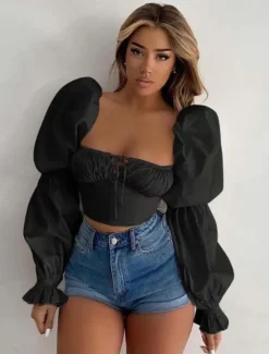 Sale Women's Wrap Crop Top Elegant Long Sleeve U Neck Crop Tops Black White Summer Spring Women Blouses & Shirts