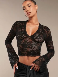 Women's Wrap Crop Top Sexy Long Sleeve V Neck Regular Tops Lace Black White Summer Spring Women Lace Tops