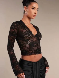 Women's Wrap Crop Top Sexy Long Sleeve V Neck Regular Tops Lace Black White Summer Spring Women Lace Tops