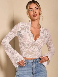Women's Wrap Crop Top Sexy Long Sleeve V Neck Regular Tops Lace Black White Summer Spring Women Lace Tops