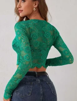Discount Women's Wrap Crop Top Sexy Long Sleeve Crew Neck Crop Tops Lace White Dark Green Summer Spring Women Lace Tops