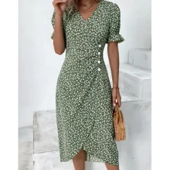 Online Women's Wrap Dress Floral Ditsy Floral Button Print V Neck Midi Dress Classic Daily Vacation Short Sleeve Summer Spring Women Spring Dresses|Floral Dresses