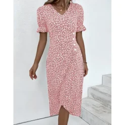 Online Women's Wrap Dress Floral Ditsy Floral Button Print V Neck Midi Dress Classic Daily Vacation Short Sleeve Summer Spring Women Spring Dresses|Floral Dresses
