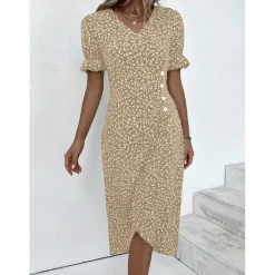 Online Women's Wrap Dress Floral Ditsy Floral Button Print V Neck Midi Dress Classic Daily Vacation Short Sleeve Summer Spring Women Spring Dresses|Floral Dresses
