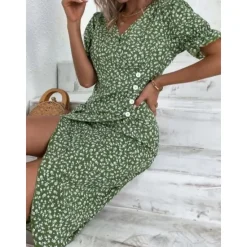 Online Women's Wrap Dress Floral Ditsy Floral Button Print V Neck Midi Dress Classic Daily Vacation Short Sleeve Summer Spring Women Spring Dresses|Floral Dresses