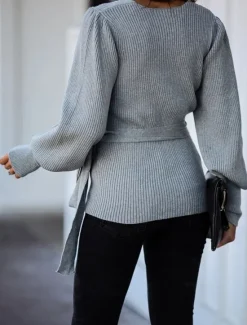 Hot Women's Wrap Knit Sweater V Neck Ribbed Knit Knitted Lantern Sleeve Fall Winter Work Elegant Fashion Daily Long Sleeve Solid Color Black Beige Women Cardigans & Outerwears