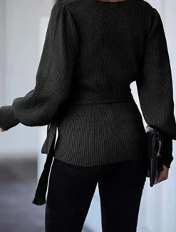 Hot Women's Wrap Knit Sweater V Neck Ribbed Knit Knitted Lantern Sleeve Fall Winter Work Elegant Fashion Daily Long Sleeve Solid Color Black Beige Women Cardigans & Outerwears