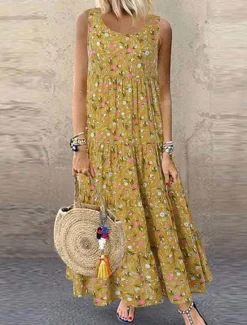 New Women's Yellow Blue Purple Summer Spring Maxi Dress Cotton Linen Dresses Casual Dress Cotton Summer Dress Fashion Modern Daily Weekend Regular Fit Floral Crew Neck Women Dresses