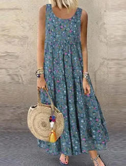 New Women's Yellow Blue Purple Summer Spring Maxi Dress Cotton Linen Dresses Casual Dress Cotton Summer Dress Fashion Modern Daily Weekend Regular Fit Floral Crew Neck Women Dresses