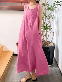 Outlet Women's Yellow Pink Red Summer Spring Maxi Dress Cotton Linen Dresses Casual Dress Cotton Summer Dress Basic Casual Vacation Daily Holiday Loose Fit Pure Color Crew Neck Women Dresses