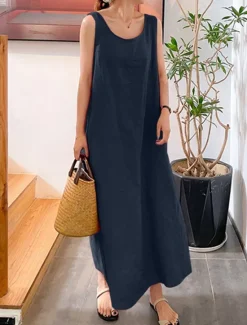 Outlet Women's Yellow Pink Red Summer Spring Maxi Dress Cotton Linen Dresses Casual Dress Cotton Summer Dress Basic Casual Vacation Daily Holiday Loose Fit Pure Color Crew Neck Women Dresses