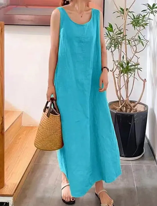 Outlet Women's Yellow Pink Red Summer Spring Maxi Dress Cotton Linen Dresses Casual Dress Cotton Summer Dress Basic Casual Vacation Daily Holiday Loose Fit Pure Color Crew Neck Women Dresses