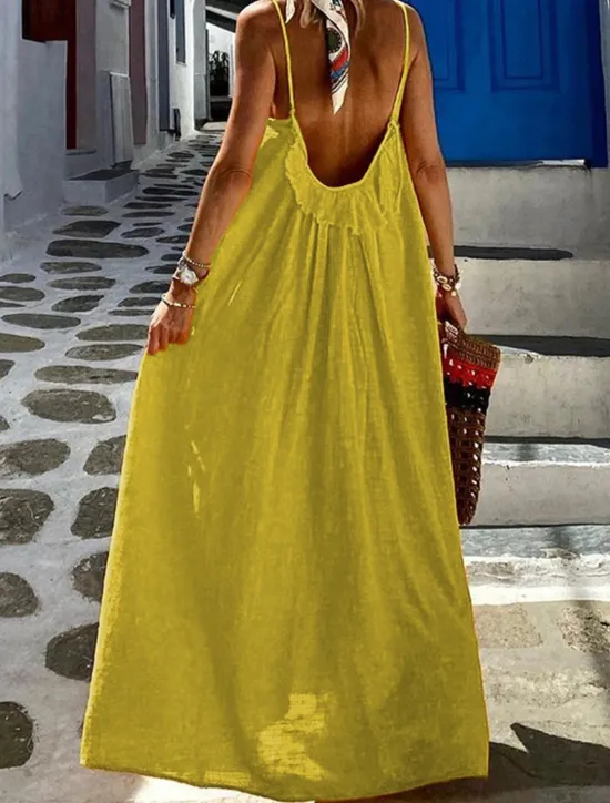 Best Women's Yellow Red Blue Summer Spring Maxi long Dress Cotton Linen Dresses Casual Dress Strap Dress Basic Modern Vacation Daily Weekend Loose Fit Plain U Neck Women Dresses