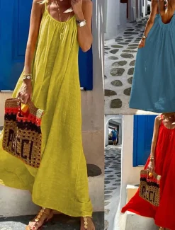 Best Women's Yellow Red Blue Summer Spring Maxi long Dress Cotton Linen Dresses Casual Dress Strap Dress Basic Modern Vacation Daily Weekend Loose Fit Plain U Neck Women Dresses