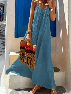 Best Women's Yellow Red Blue Summer Spring Maxi long Dress Cotton Linen Dresses Casual Dress Strap Dress Basic Modern Vacation Daily Weekend Loose Fit Plain U Neck Women Dresses