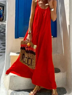Best Women's Yellow Red Blue Summer Spring Maxi long Dress Cotton Linen Dresses Casual Dress Strap Dress Basic Modern Vacation Daily Weekend Loose Fit Plain U Neck Women Dresses