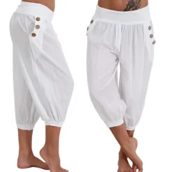 Hot Women's Yoga Pants Side Pockets Harem Bloomers Capri Pants Bottoms Quick Dry Moisture Wicking Lightweight Hippie Boho Light Blue Tangerine powder White Fitness Gym Workout Pilates Summer Women Pants