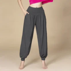 Online Women's Yoga Pants Side Pockets Wide Leg Harem High Waist Gym Workout Running Fitness Pants Bloomers Bottoms Black White Burgundy Cotton Modal Fall Winter Sports Activewear Micro-elastic Loose Fit Women Pants