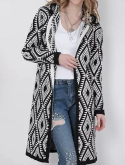 Online Women's Zip Sweater Sweater Jacket Casual Sweater Casual Soft Geometric Paisley Crew Neck Zipper Hooded Long Sleeve Regular Tops Knit Outdoor Daily Weekend Wine Red Black Fall Winter Women Cardigans & Outerwears