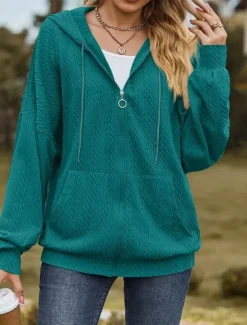 Online Women's Zip Up Hoodie Sweatshirt Modern Plain Dailywear Sports Hooded Zipper Pocket Loose Fit Long Sleeve White Red Blue Green Fall Winter Women Hoodies & Sweatshirts