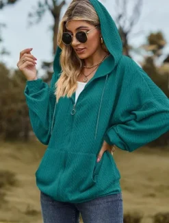 Online Women's Zip Up Hoodie Sweatshirt Modern Plain Dailywear Sports Hooded Zipper Pocket Loose Fit Long Sleeve White Red Blue Green Fall Winter Women Hoodies & Sweatshirts