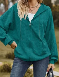Online Women's Zip Up Hoodie Sweatshirt Modern Plain Dailywear Sports Hooded Zipper Pocket Loose Fit Long Sleeve White Red Blue Green Fall Winter Women Hoodies & Sweatshirts