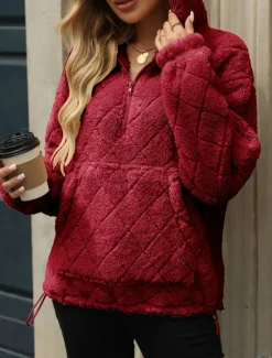 Outlet Women's Zip Up Hoodie Sweatshirt Casual Sherpa Fleece Plain Street Dailywear Hooded Pocket Half Zip Long Sleeve Black Red Beige Fall Winter Women Hoodies & Sweatshirts